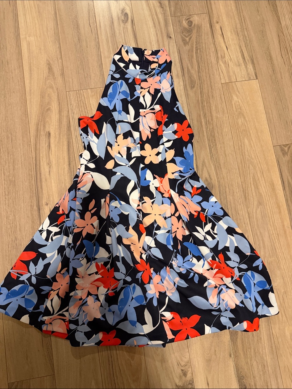 Navy Floral Fit & Flare Dress - Blue, Red, Peach Flowers